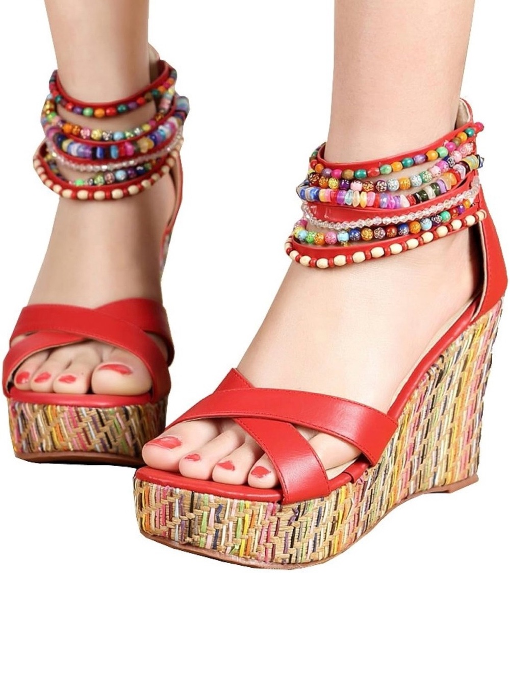 Red Wedge Sandals with Colorful Woven Platform and Ankle Wraps